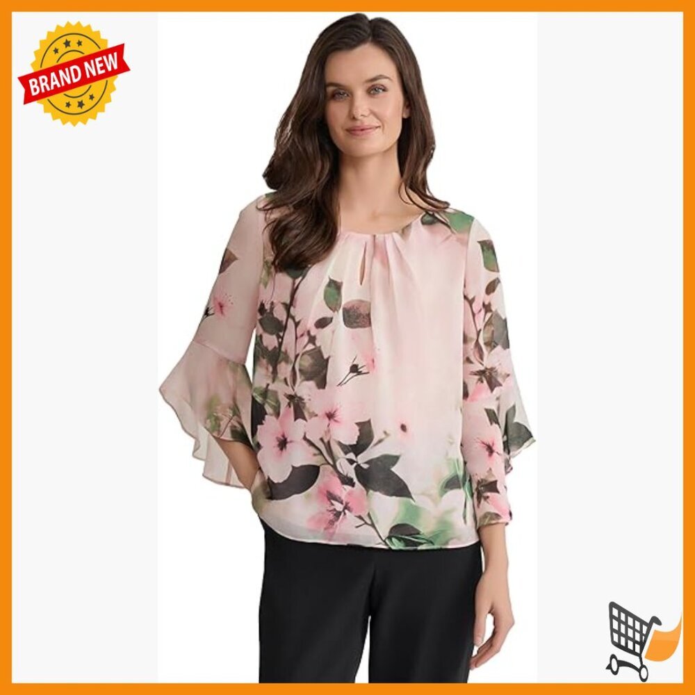 Floral Print Keyhole Neck 3/4 Sleeve Blouse, Petite Fit, Polyester